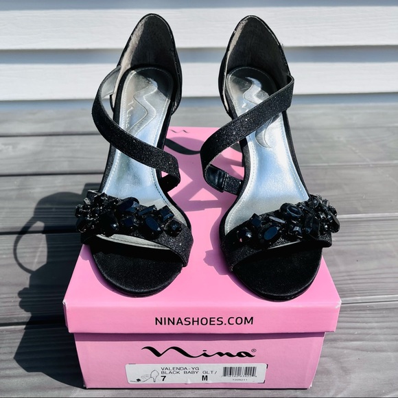 Nina Black Satin Glitter Heel Size 7 - Picture 4 of 6